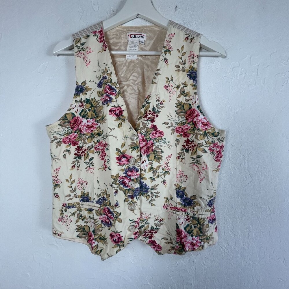 Talbots Womens V-Neck Floral Vest Medium Beige Striped Back Lightweight Pockets